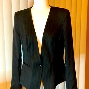White House Black Market Black Blazer w/ light pinstripes and vegan leather trim